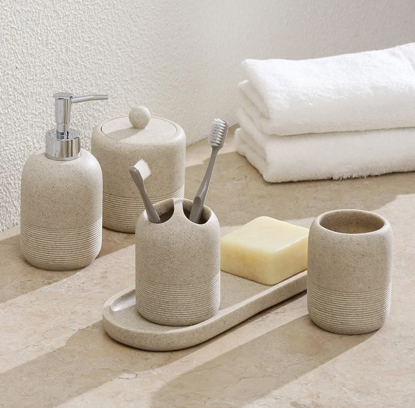 5-Pieces Bathroom Accessory Set Hight Quality Polyresin Ensemble-Lotion Dispenser/Toothbrush Holder/Cotton Jar/Tray/Tumbler Cup