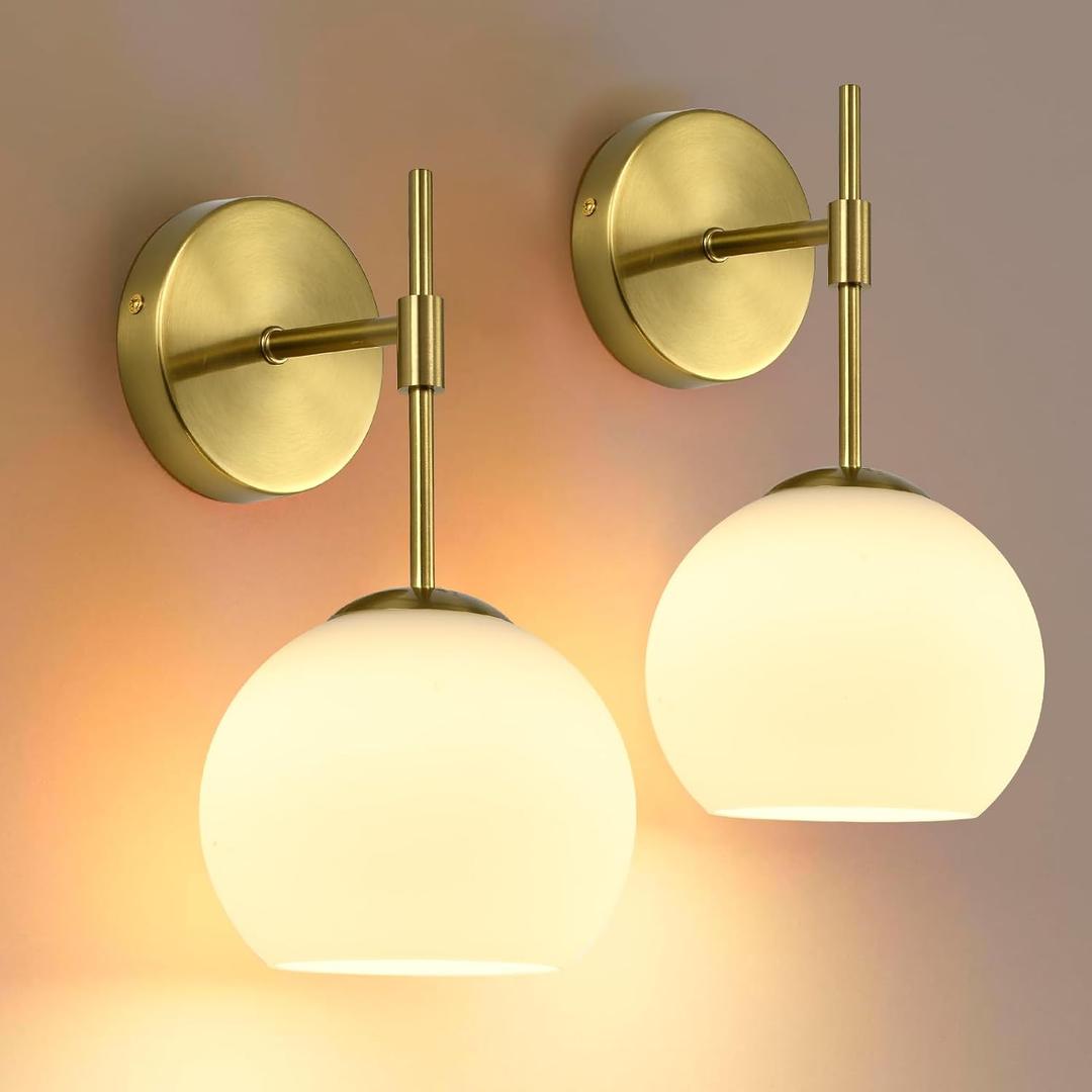 Battery Operated Wall Sconces Set of 2, Rechargeable Wall Lights with Milk Glass Shade, 12 RGB and 3CCT Dimmable, Wireless Wall Lamps with Remote for Bedroom Living Room Hallway, Gold