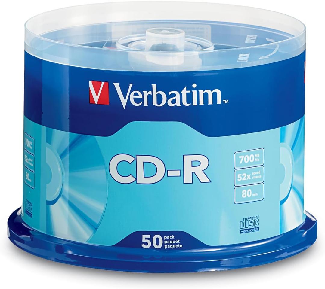 Verbatim CD-R Blank Discs 700MB 80 Minutes 52x Recordable Disc for Data and Music - 50 Pack Spindle,Silver
