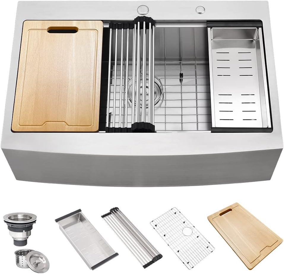 33 Inch Stainless Steel Farmhouse Sink Drop In-Hovheir 33x22 Drop In Farmhouse Kitchen Sink Workstation 16 Gauge Stainless Steel Single Bowl Deep Kitchen Sinks Apron Farm Sinks with Cutting Board, 33"x22"x10"