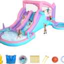 9-in-1 Inflatable Water Slide Bounce House 3 Slides Splash Pool Water Cannon Ball Pit Basketball 520W Blower 197x148x75 Inches Backyard Water Park for Kids Ages 3-8, Lager