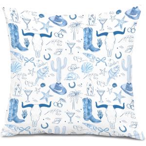 2 x Blue Coastal Cowgirl Pillow Covers 18x18, Coastal Cowgirl Granddaughter Room Decor, Western Home Decor, Preppy Beach Western Decorative Pillow Covers for Girls Dorm Bedroom (Colour 01)