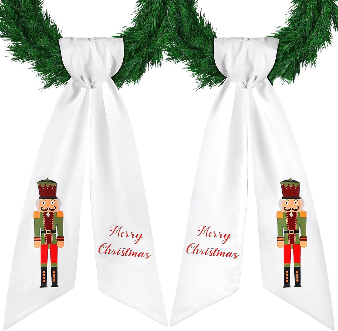 2 Pcs Christmas Nutcracker Wreath Sash for Front Door Xmas Satin Sash for Wreath Embroidery Monogram Accessories Party Yard Doorway Indoor Outdoor Wall(White, Nutcracker)