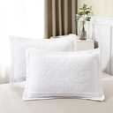 WINLIFE 100% Cotton Quilted Pillow Sham Floral Printed Pillow Cover King Size, Set of 2, White