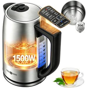 1.7L Electric Tea Kettle, 6 Precise Temperature Presets Stainless Steel Electric Kettle Temperature Control,1500W Fast Boiling Hot Water for Oolong & Green Tea with Strix Control
