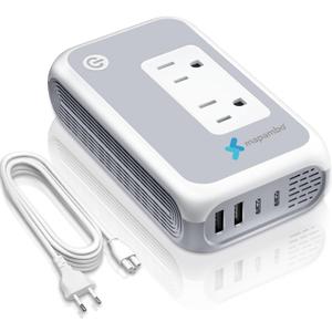 220V to 110V Voltage Converter US to Europe for Curling Iron and Hair Straighteners, Power Converter for European Travel Plug Adapter with 2 USB A & 2 USB C Ports (White)