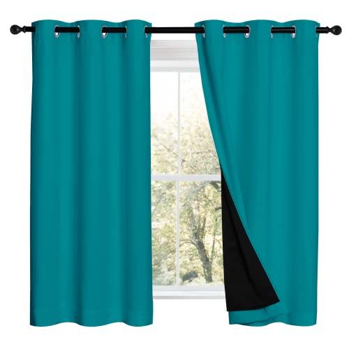 NICETOWN Peacock Teal 100% Blackout Lined Curtains, 2 Thick Layers Completely Blackout Window Treatment Panels Thermal Insulated Drapes for Kitchen (1 Pair, 42" Width x 63" Length Each Panel)