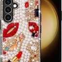 Erolagomat Bling Case for Samsung Galaxy S25,Shiny Luxury Designer Phone Case with Glitter Sparkle Diamond Crystal Rhinestone Lips Lipstick Pearl Flowers High HeelsSoft Bumper Cover for Women Girl
