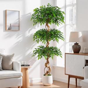 6ft Large Ficus Artificial Trees in White Pot, 72" Tall Fake Silk Tree with Natural Curved Trunk, Lush Faux Ficus Tree for Indoor Home Decor, Living Room, Office & Patio (Green)