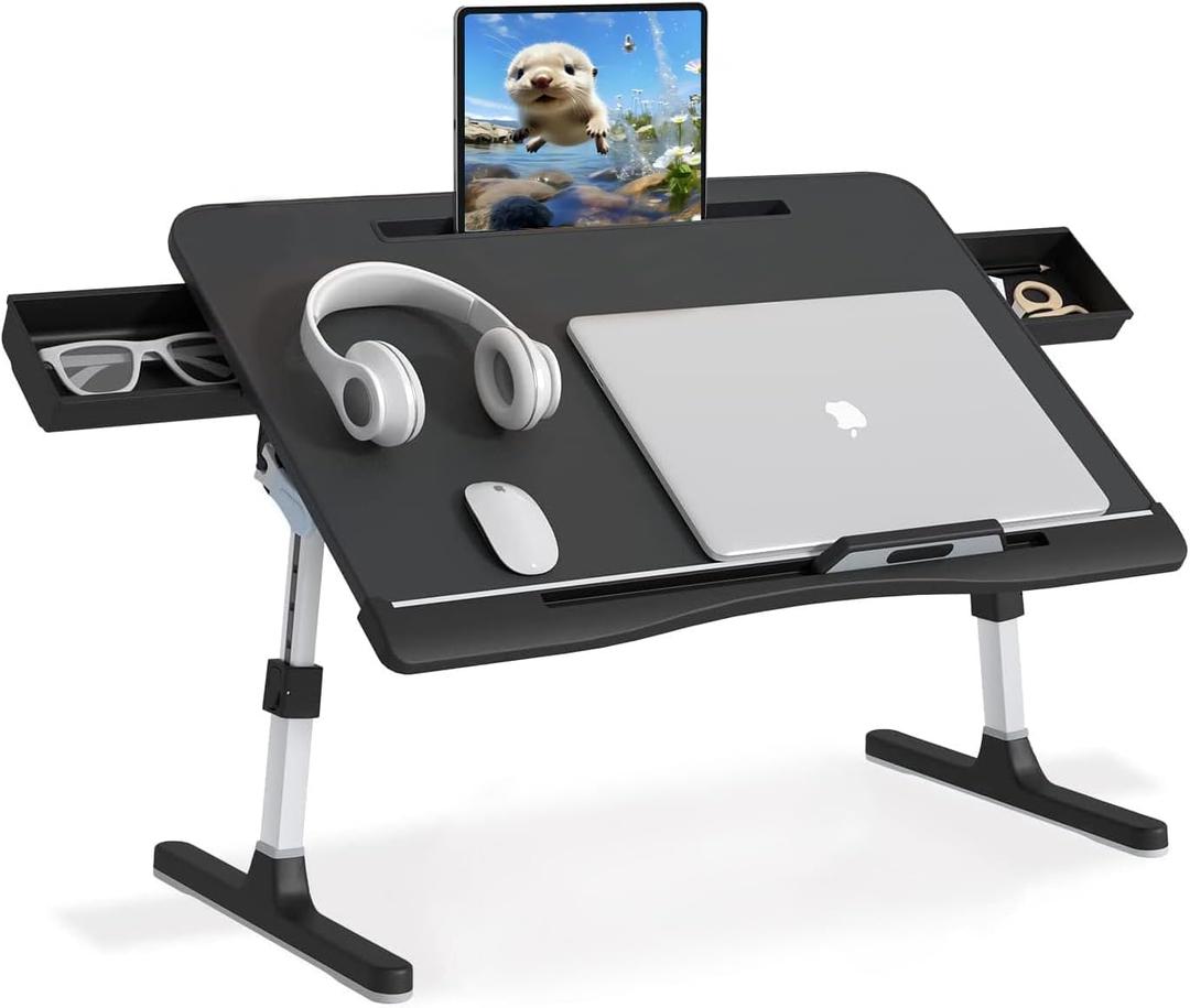 Bed Desk for Laptop, Adjustable Lap Desk with 2 Storage Drawers, Premium PVC Leather, Foldable Laptop Table for Eating, Working, Writing and Drawing (X-Large (15.7"*23.6"-1 slot), Black)