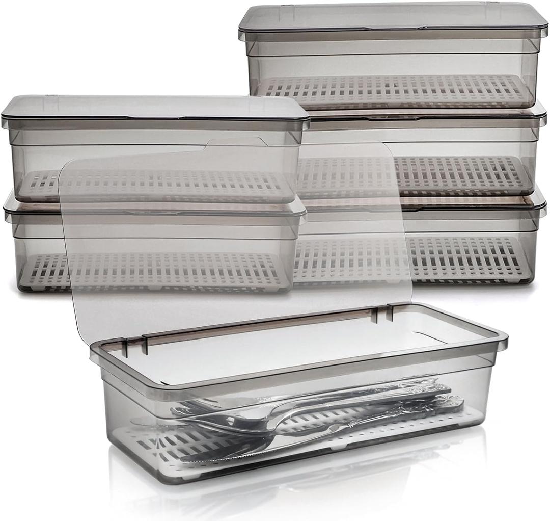 Elsjoy 6 Pack Flatware Trays with Lid and Drainer, Plastic Utensil Holder for Kitchen Counter, Silverware Storage Box Covered Cutlery Container for Home