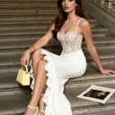 Womens Slip Satin Corset Maxi Dress Sexy High Slit Backless Lace Up Formal Prom Wedding Guest Bridesmaid Dresses (White, S)
