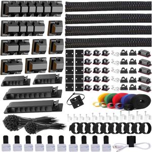 ELII 327 PCS Cable Management Kit 4 Cable Cable Sleeves,65 Cable Clips with 13Cord Holders,25 Roll Cable Organizer Straps,200 Fastening Cable Ties,20 Cable Zip Tie Mounts for Computer (Black)