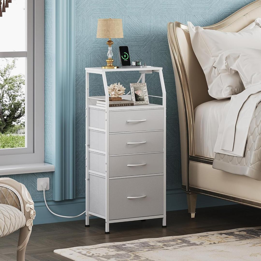 WLIVE Night Stand Set of 1 with Charger Station, White Nightstand Sets with LED Light and 4 Storage Drawers, Tall Dressers for Bedroom, Bedside Table Set with Fabric Bins, Wood Shelf, Metal Frame