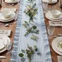 HunnmingRe 1 Pcs Blue Plaid Gingham Ruffle Table Runner 118 x 13.8'' Farmhouse Table Runner 100% Cotton Scalloped Long Dresser Scarves for Dining Room, Wedding, Kitchen Rustic Home Decor