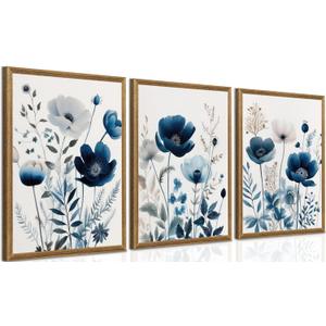 DUWQU 3 Pcs Blue Floral Canvas Wall Art, Wood Framed Navy Blue Wildflower Lily Daisy Wall Decor, Watercolor Botanical Flower Home Poster Art Prints for Living Room Bedroom Bathroom 1216 Inches