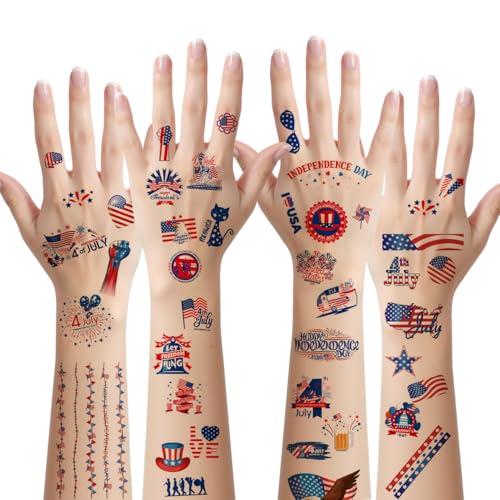 143Pcs Fourth of July Temporary Tattoos, 20Sheets Independence Day Temporary Tattoo, Red White and Blue Fake Tattoo Stickers, 4th of July Body Tattoos Memorial Labor Day Decorations