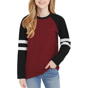 Girls Shirts Long Sleeve Crewneck Striped Sweatshirts Casual Tops for 6-13 Years (Burgundy)