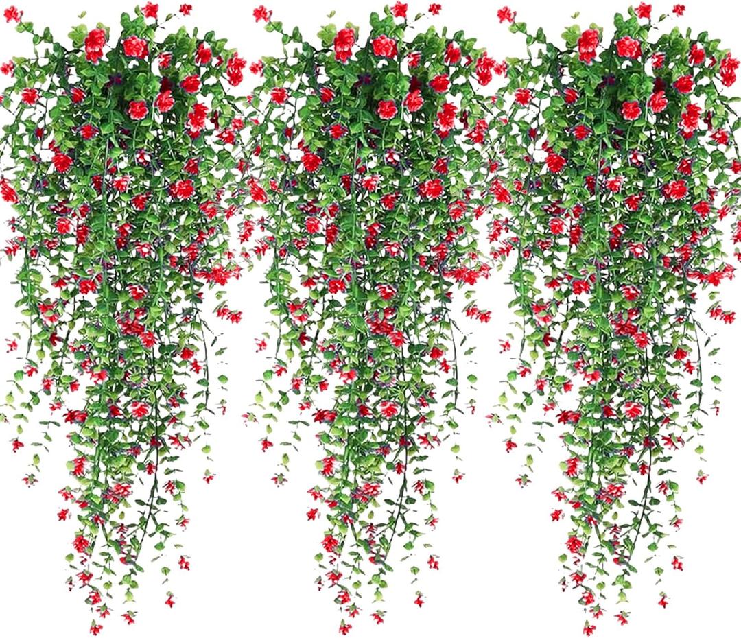 Artificial Hanging Flowers, 3 Pcs Fake Hanging Plants Artificial Vines for Outdoors, Fake Ivy Vine UV Resistant No Fade Faux Plants for Indoor Outside Garden Patio Yard Greenery Decoration (Dark Red)