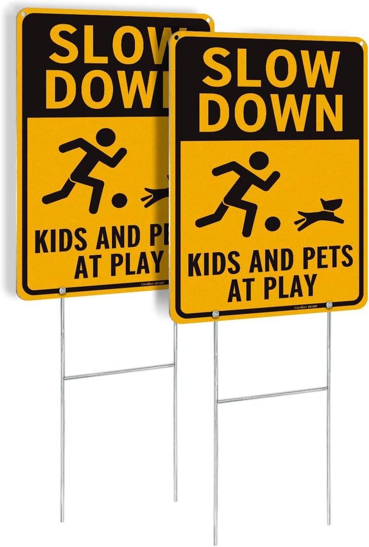 2 Pack Slow Down Metal Sign, Kids and Pets at Play Sign with H-stakes, 14"10" Reflective Aluminum, Fade Resistant/Waterproof, Including Screws, Easy to Install, Outdoor Use