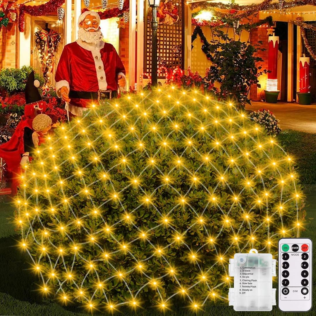 DBFAIRY 5 x 5Ft Christmas Net Lights Battery Powered 100 LED Bushes Net Lights with Remote Timer Dimmable Outdoor Net Light Waterproof for Xmas Tree Wall Ceiling Outside Decorations(Warm White) (2700K)