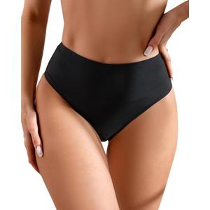 Women's Sexy High Waisted High Cut Cheeky Thong Bikini Swimsuit Bathing Suit Bottoms (Medium, Black)