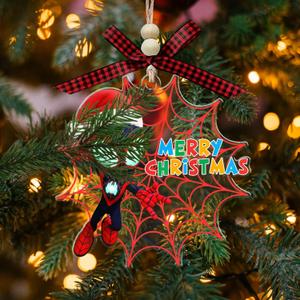 Black Red Spider Kids Hero Christmas Acrylic Ornament - Holiday Tree Hanging Decoration - Spidey-Style Cartoon Amazing Friends Ornament Gift For Kid - Boys - Girls - Fans (With Red Bow & Wooden Beads)