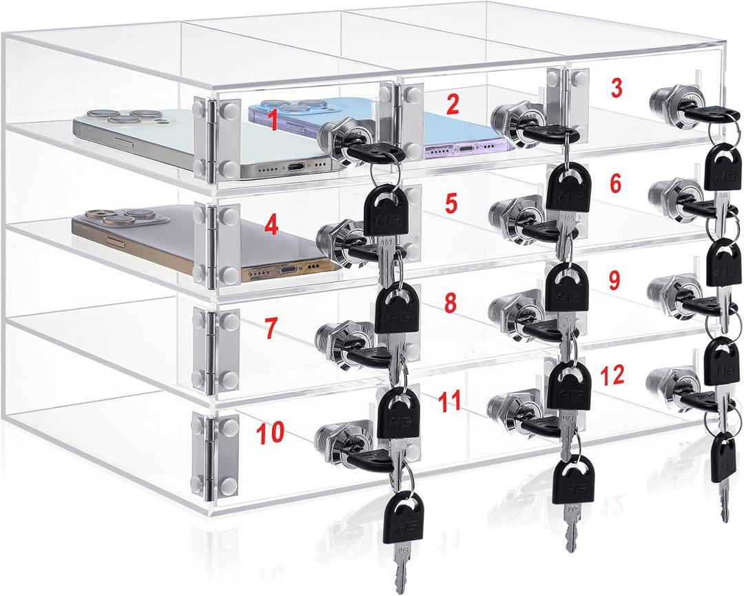 Layhit 12 Slots Cell Phone Locker Box for Classroom Clear Acrylic Cell Phone Storage Cabinet Bin with Door Locks for Classroom School Students Office Factory Employees