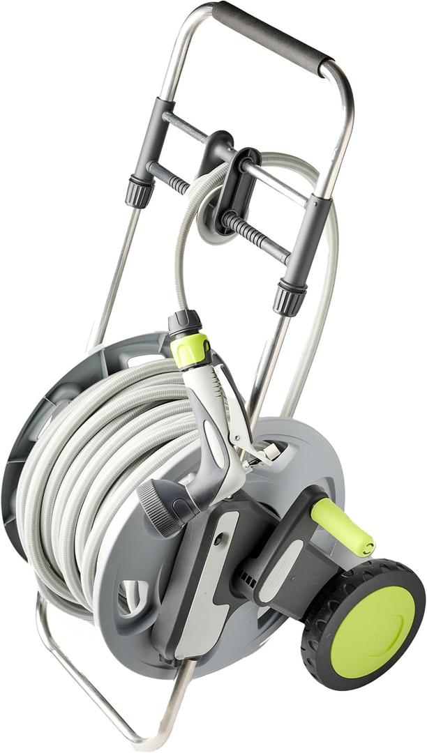 Garden Hose Reel Cart with 100 Ft, 5/8 Inches Water Hose and Nozzle - Portable Metal Waterhose Holder for Outside with Wheels, Telescoping Handle, and Kink-Free Retracting System by Kings County Tools