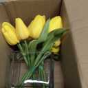 DILATATA Artificial Yellow Tulips in Vase with Faux Water 5.5" Real Touch Flowers Fake Tulips Small Flowers Arrangement in Cube Glass Vase for Mother's Day Table Centerpiece Wedding Home Decor