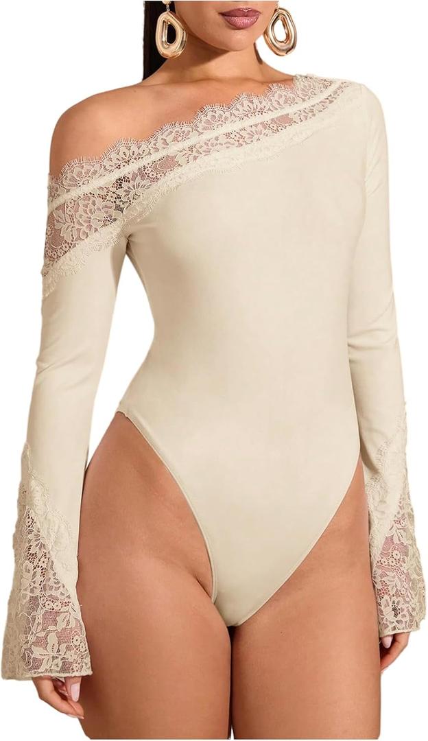 WDIRARA Women's Lace One Shoulder Long Sleeve Bodysuit Dressy Off The Shoulder Leotard Tops, Large