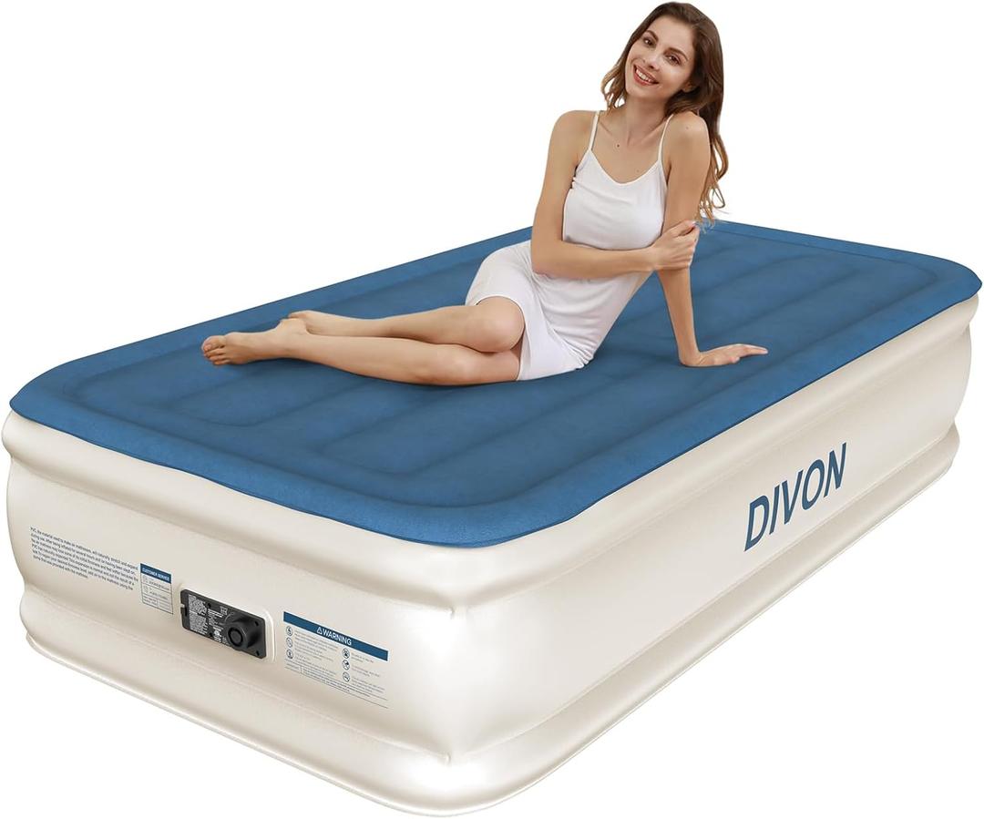 DIVON Twin Air Mattress With Built In Pump Raised, 18 Single Inflatable Mattress In 2 Mins, Foldable Blow Up Mattress, Portable Twin Size Air Mattress For Camping, Travel & Floor, Air Bed For Adults, 330 Lbs (Blue)