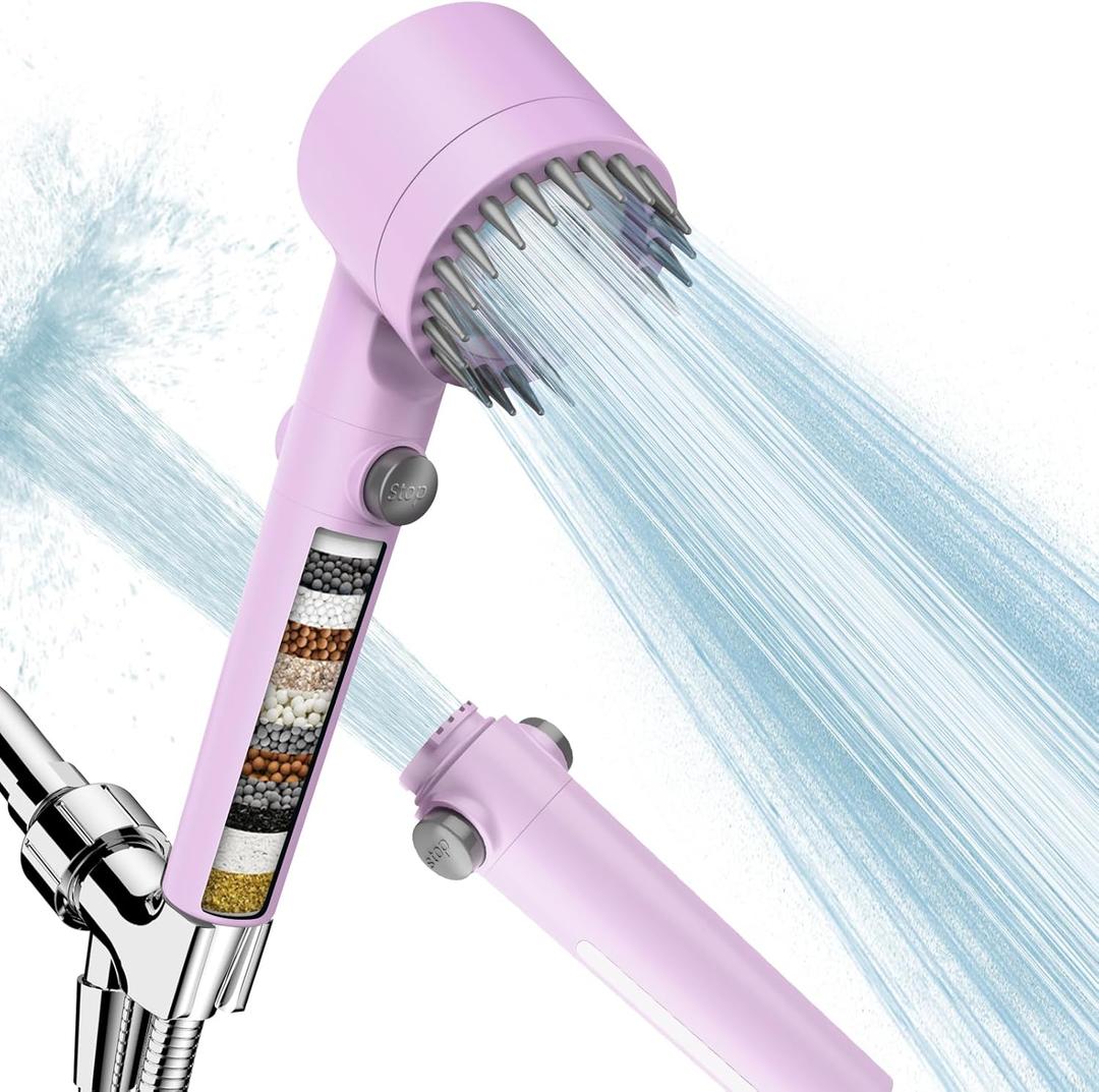 Filtered Shower Head with Handheld, High Pressure Water Flow and Multiple Spray Modes Shower Head with Filter, Power Wash for Hard Water, Showerhead with ON/OFF Switch for Pets Bath (Purple)