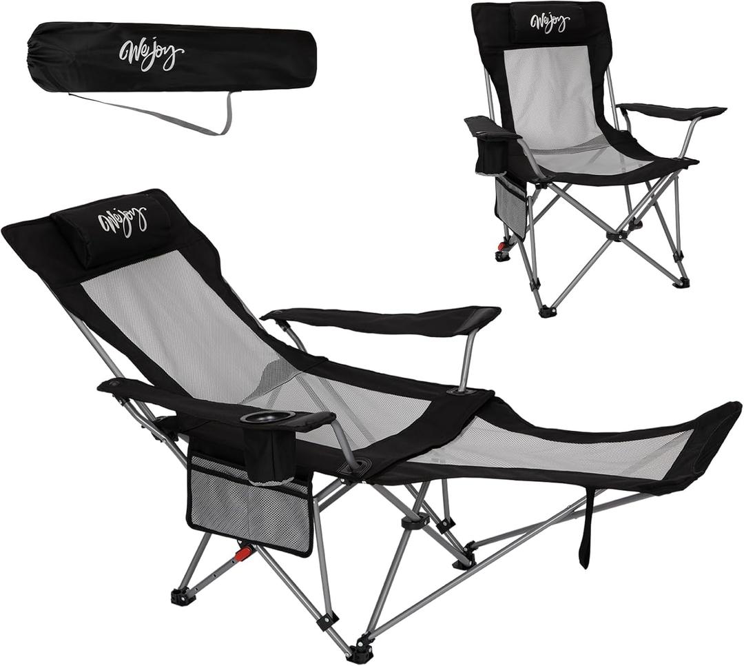 #WEJOY 2-in-1 Reclining Camping Chair with Footrest for Adults Folding Lounge Chair with Adjustable Backrest Lightweight Camping Chairs Heavy Duty Camp Chairs for Outdoor (Black Grey)