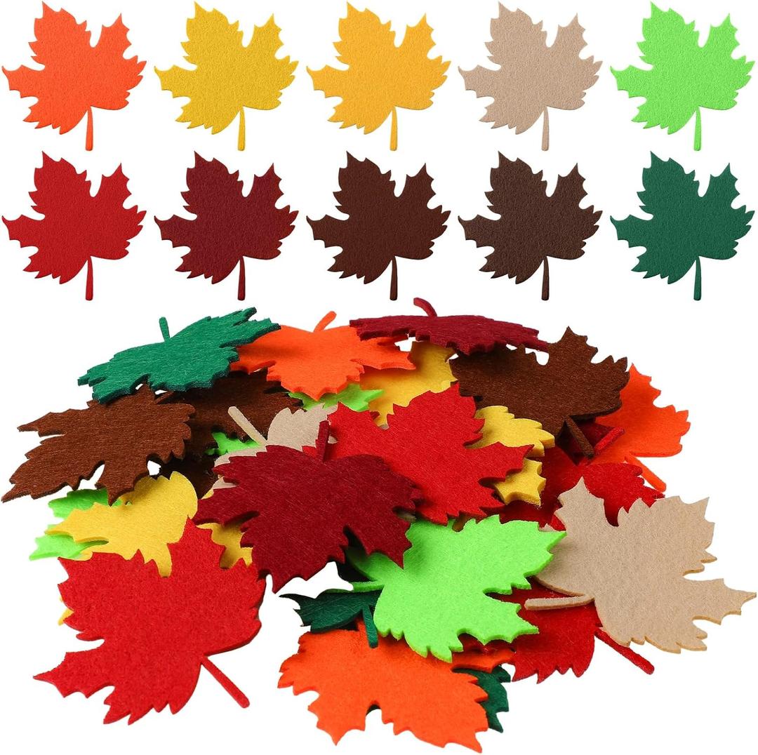 Fanfanwin 200 Pcs Thanksgiving Fall Leaves Felt Maple Leaf Laser Cutout Embellishment Multicolor Autumn Leaf Decors Farmhouse Harvest Fall Leaves Decorations for Home Classroom Wall Craft(Classic)