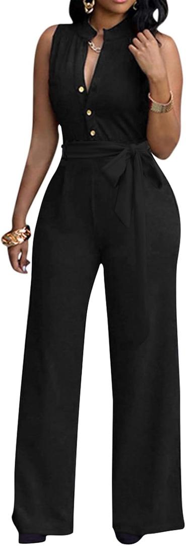 Women's Sexy Button Up Jumpsuits V Neck Sleeveless Wide Leg Long Pants Jumpsuit with Belt Size M