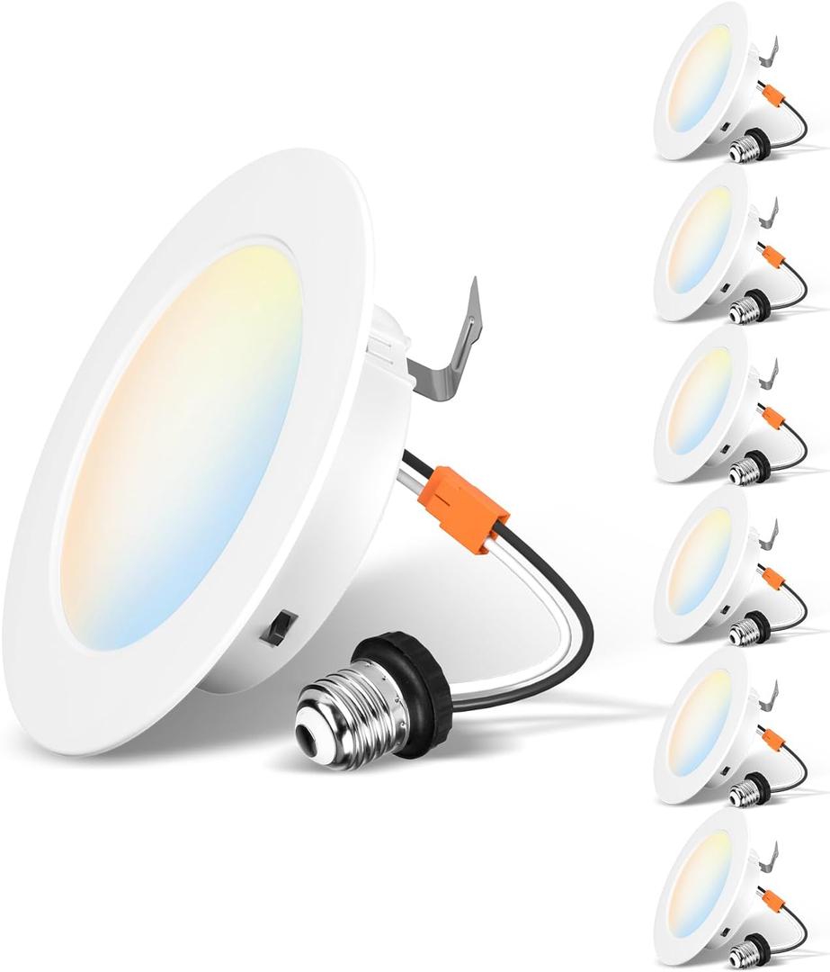 LVWIT LED Recessed Light 4inch, Can Lighting Color Selectable 2700/3000/4000/5000/6000K 5CCT, 7W(85W Equivalent) Dimmable Downlight with E26 Conversion Kit, Retro Fit Ceiling Light Fixtures, 6 Pack (4in-6pack, White)
