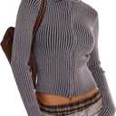 MakeMeChic Women's Y2K Cropped Sweater Cardigans Striped Zip Up Cardigan High Neck Fall Sweaters Crop Tops (Dark Grey, XS)