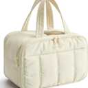 BAGSMART Travel Toiletry Bag, Puffy Large Toiletry Bag for Women, Lightweight Cosmetic Makeup Bag Organizer with Handle for Traveling, Accessories, Essentials, Toiletries Beige