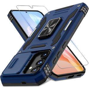 DEERLAMN Case for Samsung Galaxy S24 6.2-Inch with Slide Camera Cover+Screen Protector(1 Pack), Rotated Ring Kickstand Military Grade Shockproof Protective Cover-Navy Blue