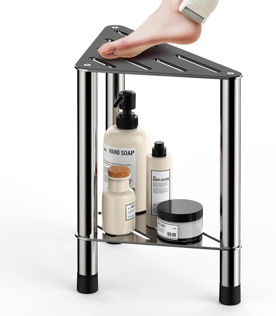 Corner Shower Stool for Inside Shower - 15.5in Shower Foot Rest with Storage Shelf, Stainless Steel Shower Stool for Shaving Legs, Bathroom Bench Suitable for Small Shower Spaces - Bath Seat