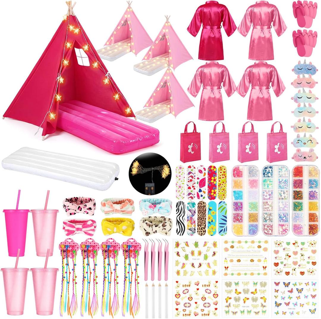 4 Set Sleepovers Teepee Tents Spa Slumber Party Robes Supplies Bulk with Inflatable Airbed and Light String, Birthday Favors Gift Indoor Outdoor (Complete,3 Pink 1 Rose Red)