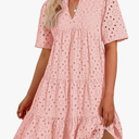BTFBM Womens Boho Summer Dresses 2025 Resort V Neck Short Sleeve Hollow Out Lace Ruffle Casual Beach Mini Vacation Dress, XXL