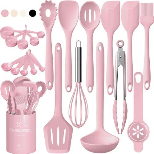 Umite Chef 22-Piece Silicone Cooking Utensils Set, Heat Resistant & Dishwasher Safe Kitchen Tools, Non-Scratch Spatula Set for Nonstick Cookware (Pink)