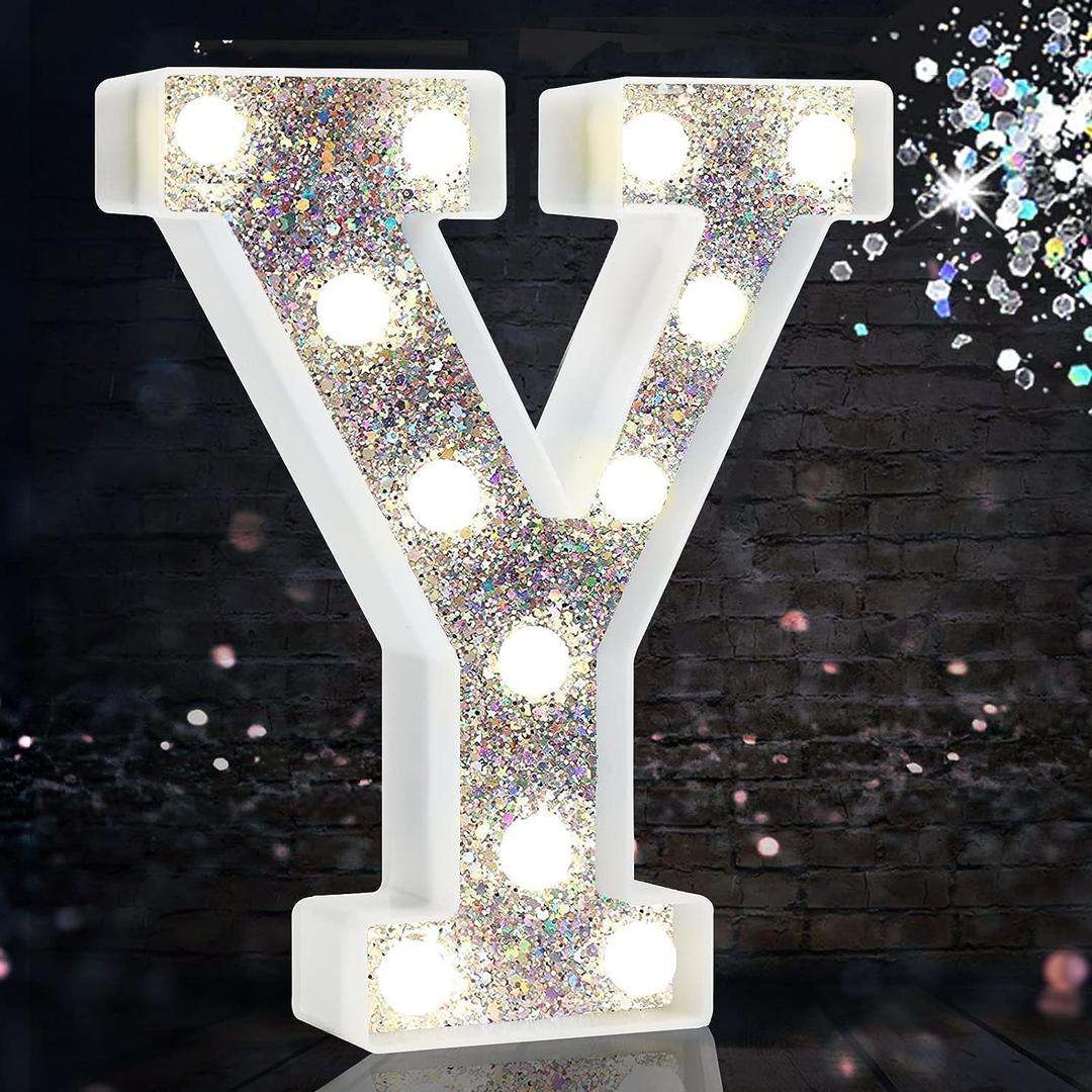 Pooqla LED Marquee Letter Lights, Light Up Silver Letters Glitter Alphabet Letter Sign Battery Powered for Night Light Birthday Party Wedding Girls Gifts Home Bar Christmas Decoration, Silver Letter Y