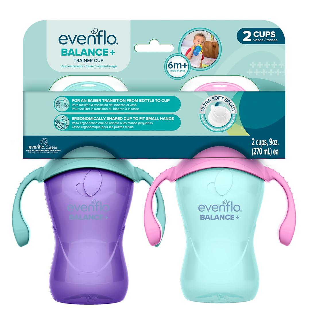 Evenflo Balance+ Trainer Cups for Babies 6+ Months, Purple and Mint, Ergonomic Design with Handles, 9oz, 2 Pack