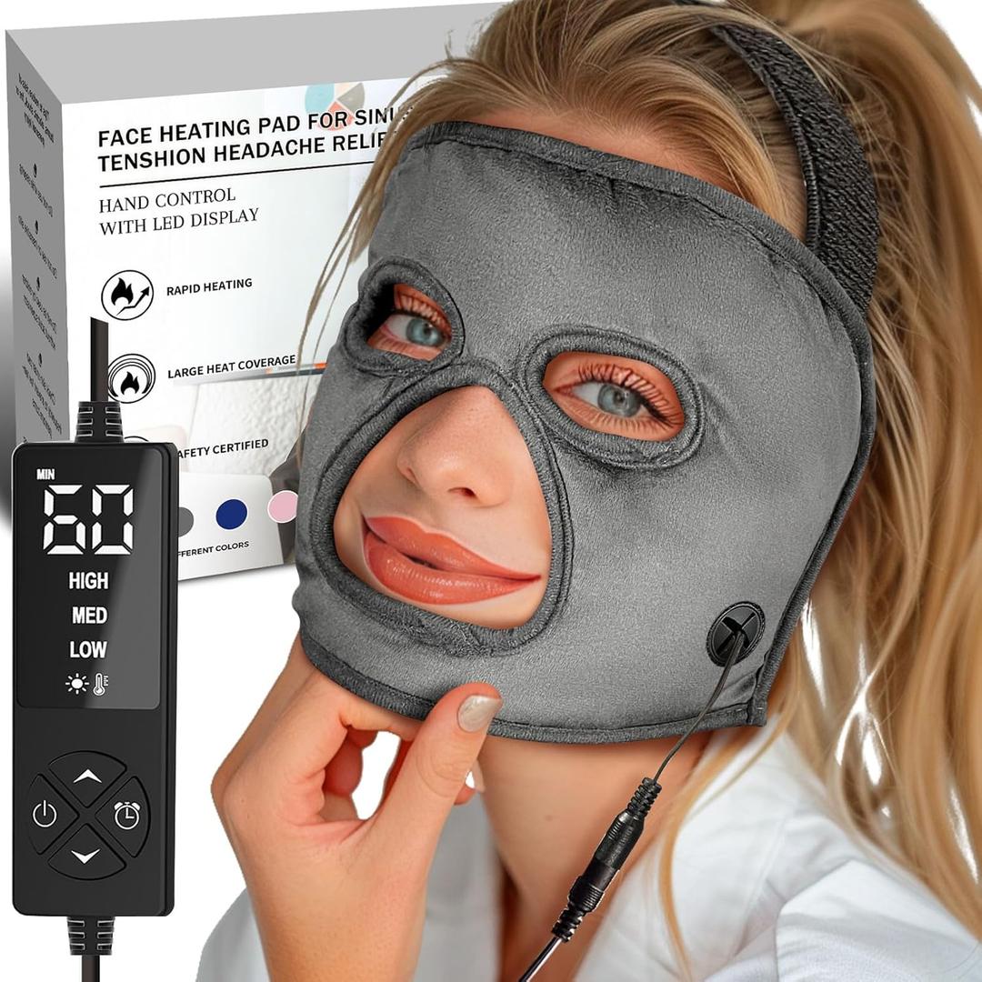 Heated Face Mask for Sinus Pressure Relief, Full-Coverage Face Heating Pad for Sleep Aid & Tension Headache