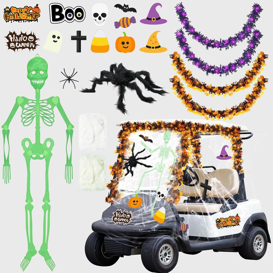 Halloween Golf Cart Decoration Kit-Halloween Car Decorations-Skeleton Glow in Dark, Fake Spider Web, Spider, Purple Garland, Sticker for Trunk or Treat Parade Indoor Outdoor Golf Cart Party