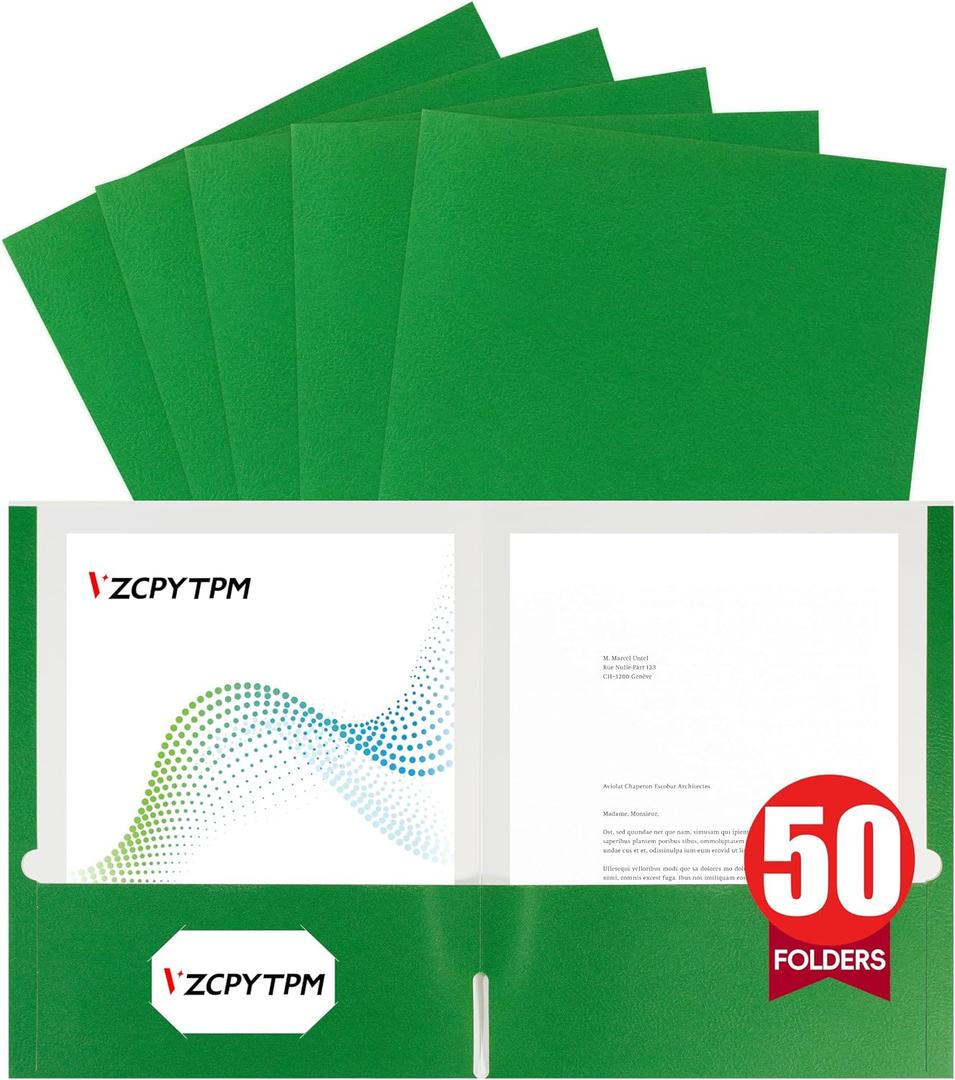 VZCPYTPM 50 Pack Green Folders with Pockets,2 Pocket File Folders for Letter Size (8.5 x 11 Inch),Professional Design with Business Card Slot for Office and School Organization