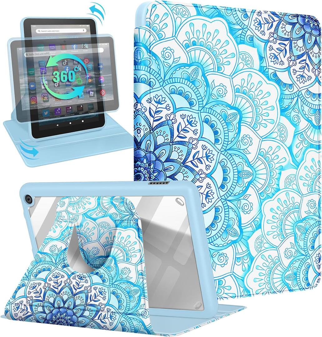 Kidcube for Amazon Kindle Fire 7 Tablet Case 12th Generation 2022 Release for Women Girls Cute Folio Cover Girly Pretty Unique Design Rotating Stand with Auto Wake/Sleep for Kindle Fire 7 Cases 7" (7-Blue Mandala)